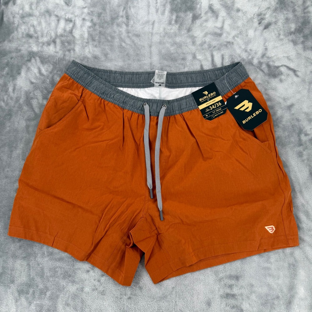 Burlebo Mens Athletic Shorts Orange Gray Large 5.5 Inseam Built-in Liner NEW